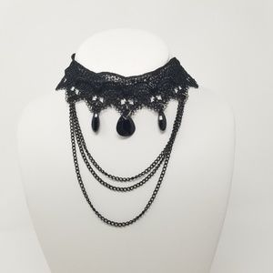 Black Lace Choker With Drop Chains